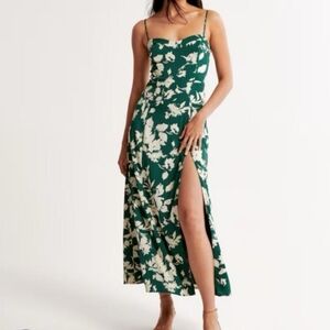 New Abercrombie Camille Satin High Slit Maxi Dress Green Floral XS Resort Travel